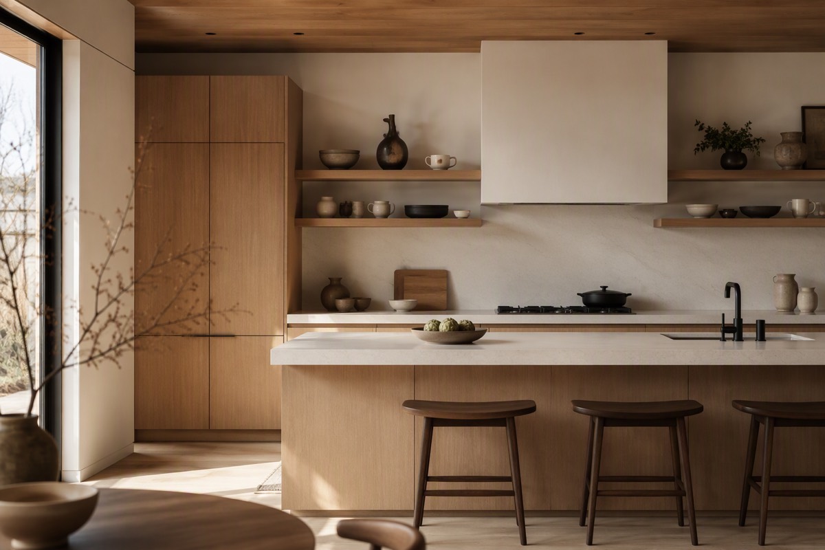Japandi kitchen design idea rendered by Vizahome