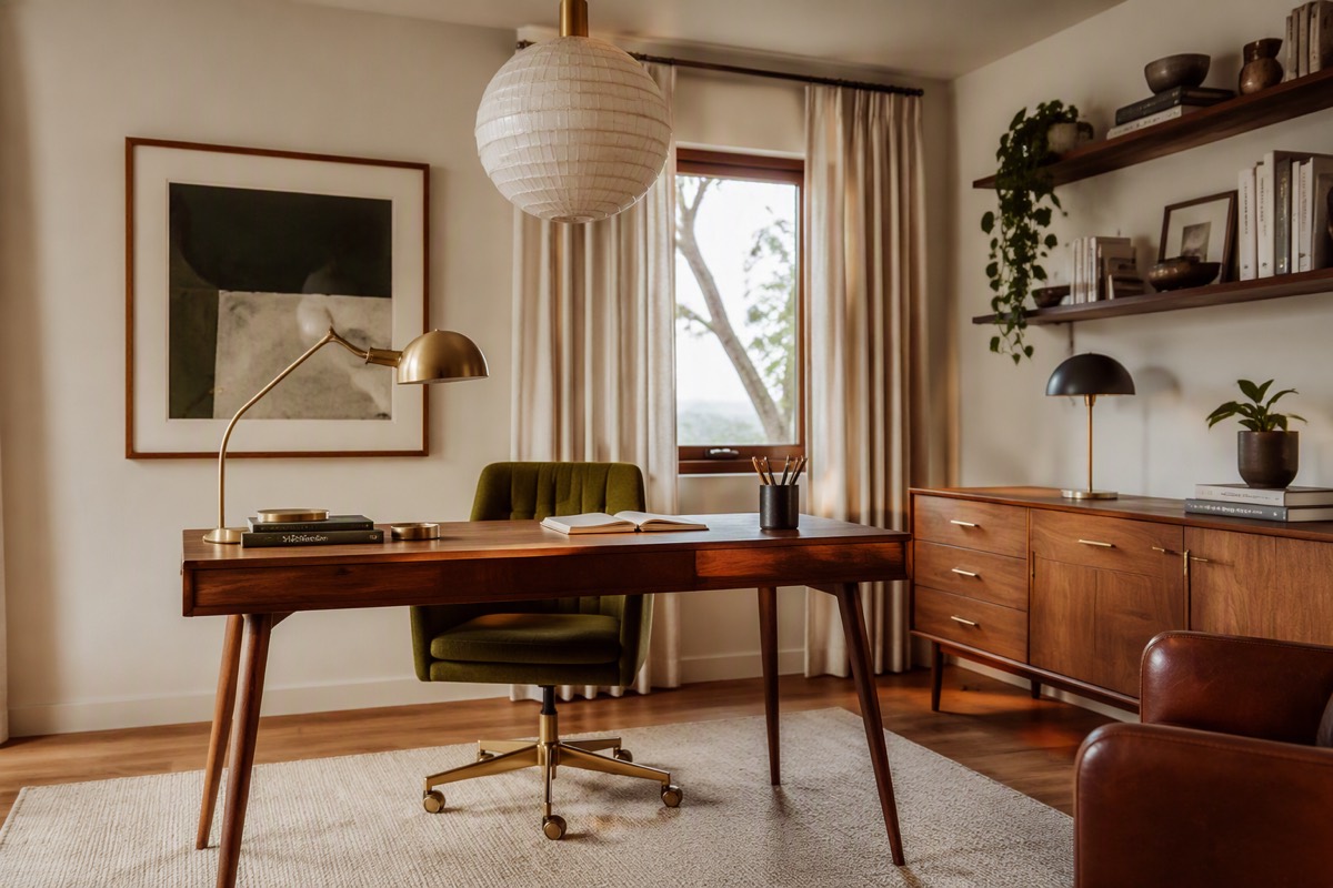 Mid-Century Modern home office design idea rendered by Vizahome